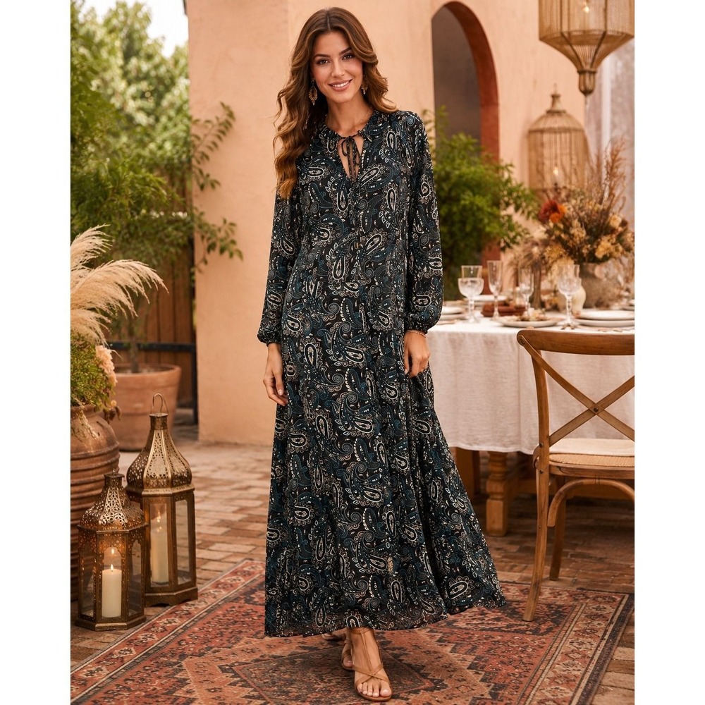 224.Tommy Hilfiger Paisley Tie Neck Midi Dress Long Sleeve Teal Black Lined